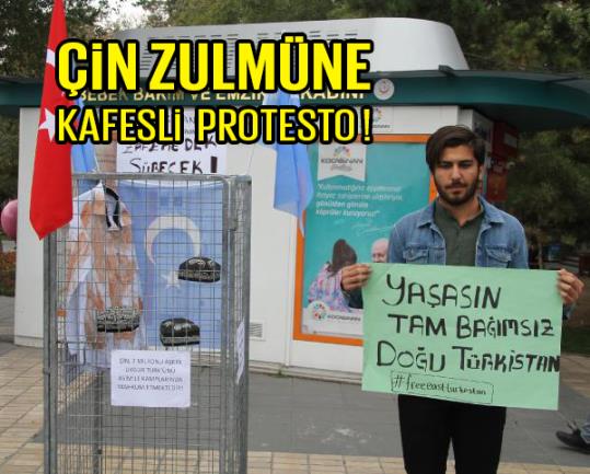 ÇİN ZULMÜNE KAFESLİ PROTESTO